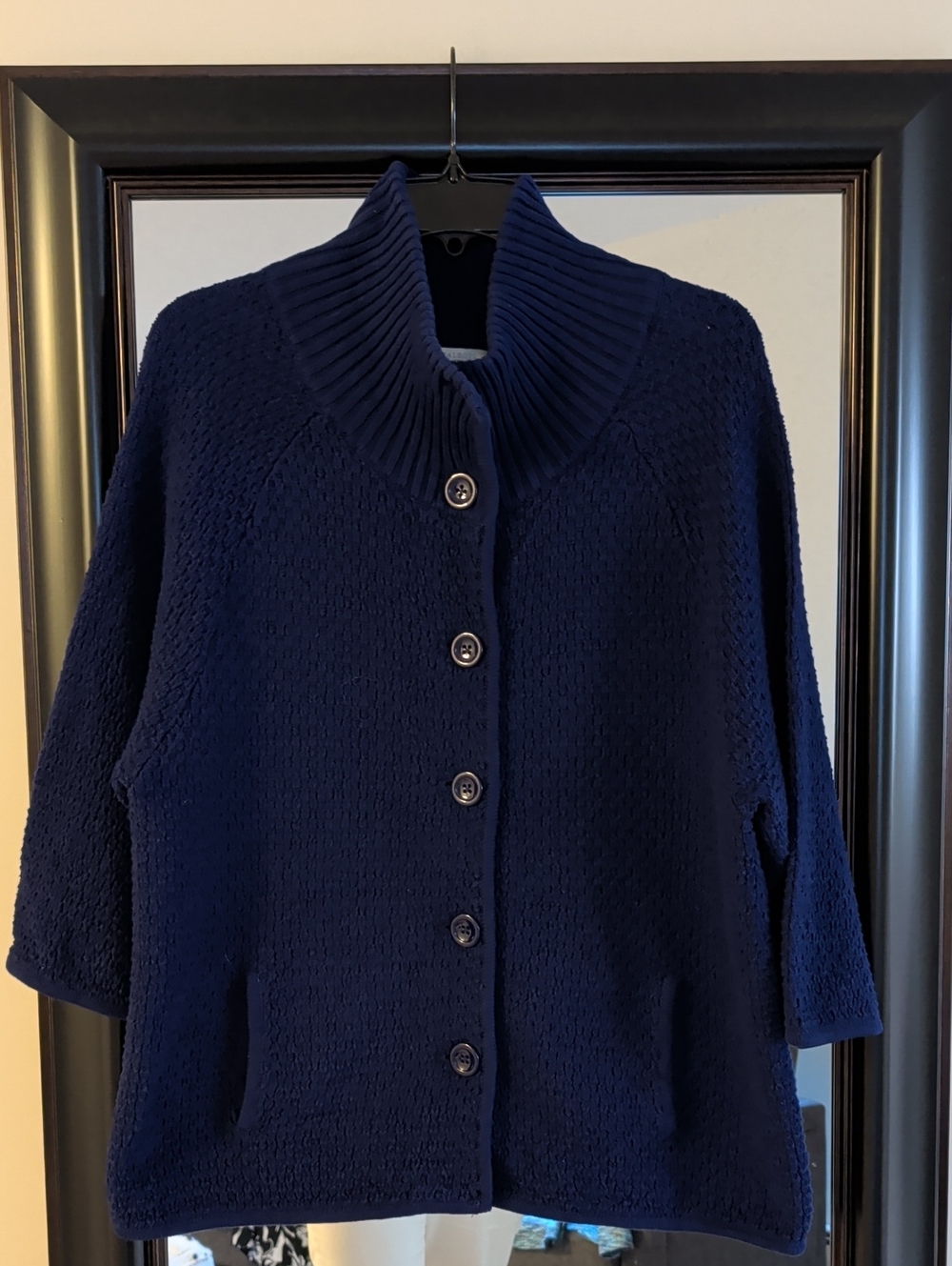 Talbots Deep Navy Cotton Button-Up Nautical Ribbed Collar Cardigan